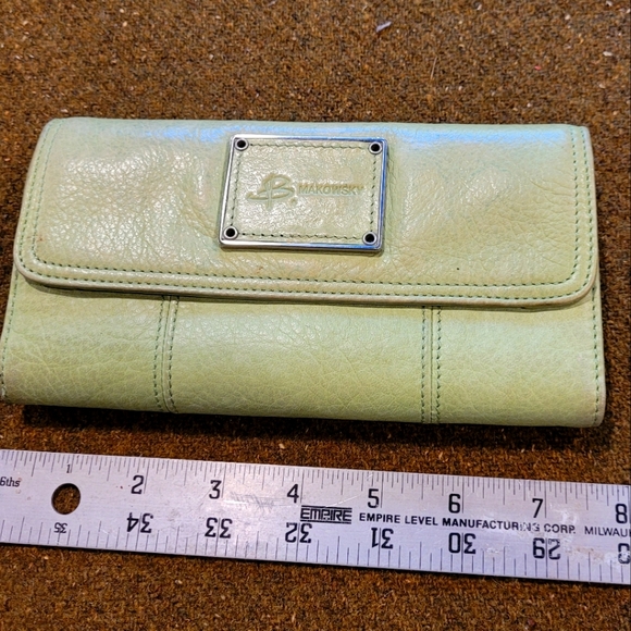 B. MAKOWSKY Vintage Green Leather tri-fold Wallet leopard lining - Picture 2 of 9